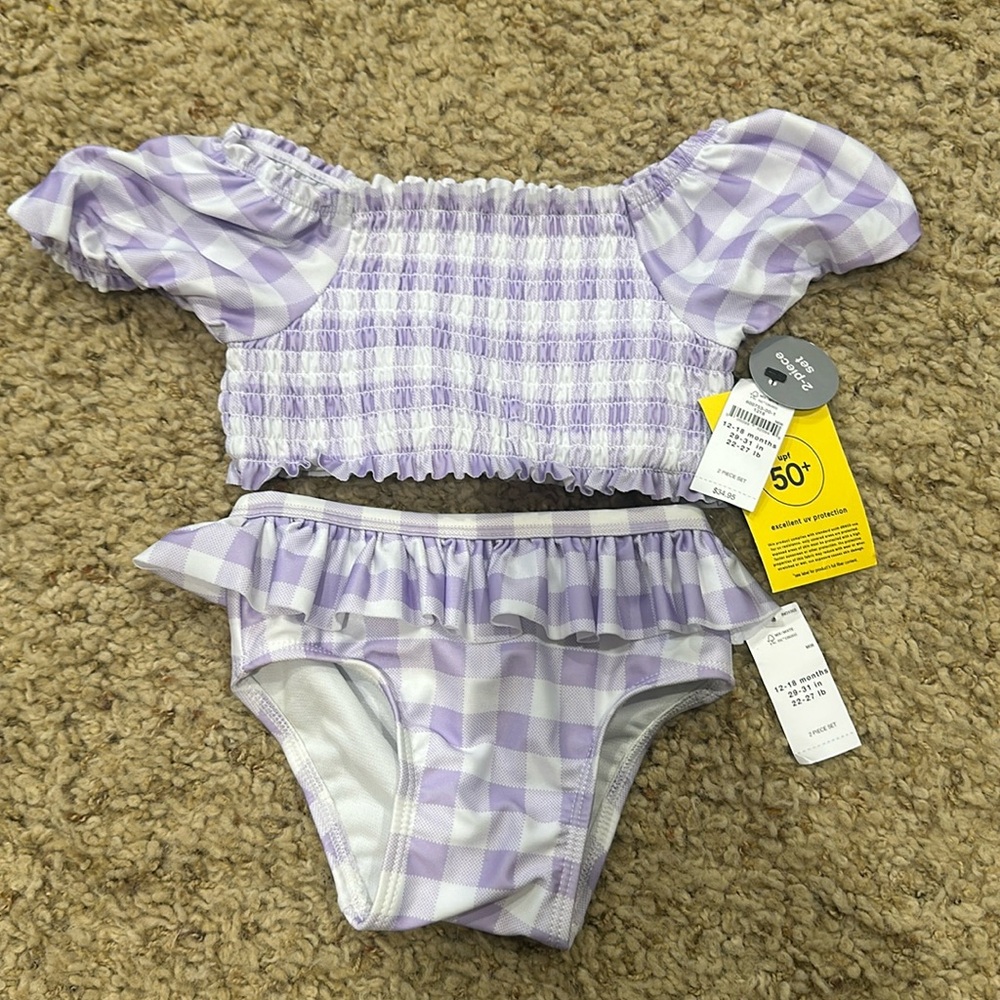 NWT 12-18 month purple and white check gap swim suit